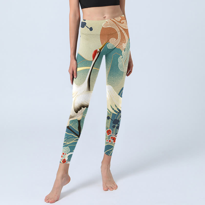 Buddha Stones Cranes Plum Blossoms Mountains Print Gym Leggings Women's Yoga Pants - image 6