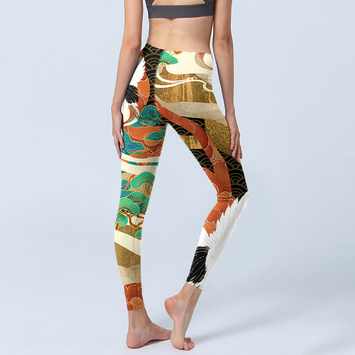Buddha Stones Red-crowned Crane Auspicious Clouds Pine Tree Print Gym Leggings Women's Yoga Pants - image 4
