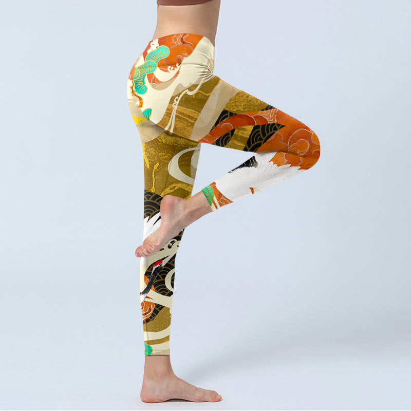 Buddha Stones Red-crowned Crane Auspicious Clouds Pine Tree Print Gym Leggings Women's Yoga Pants - image 4