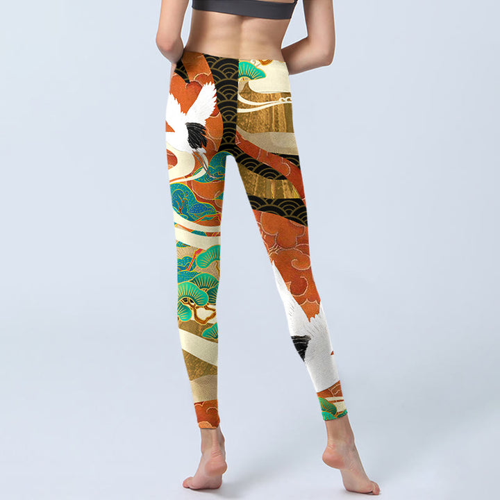 Buddha Stones Red-crowned Crane Auspicious Clouds Pine Tree Print Gym Leggings Women's Yoga Pants - image 6