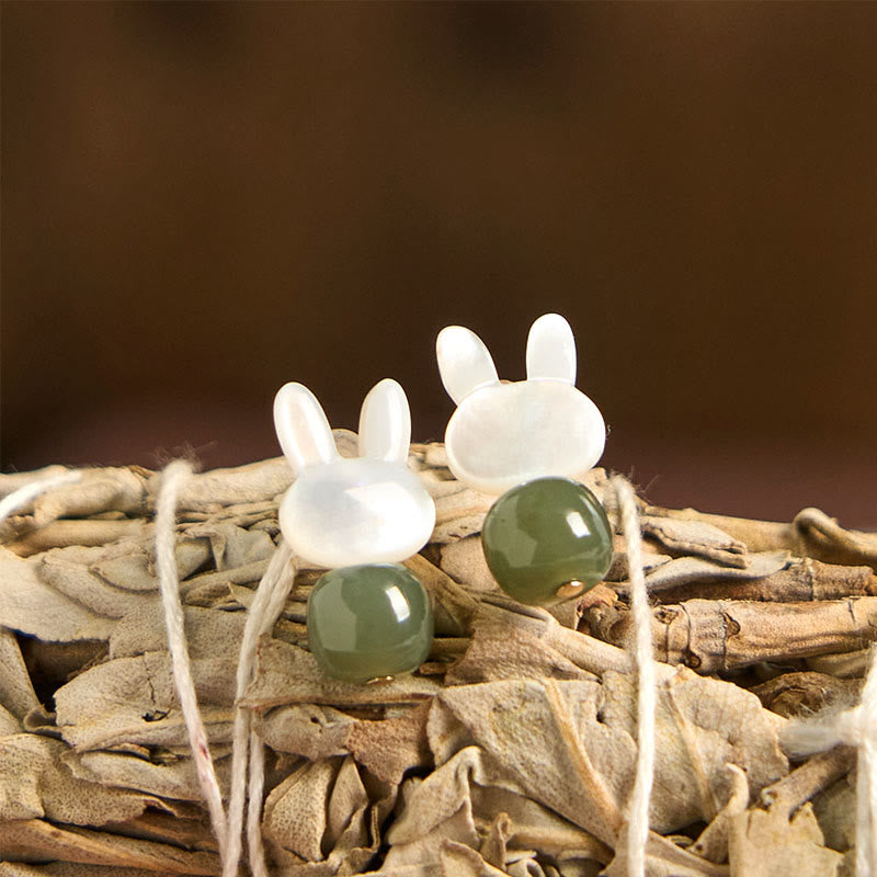 Buddha Stones Tridacna Stone Cute Rabbit Hetian Jade Luck Earrings