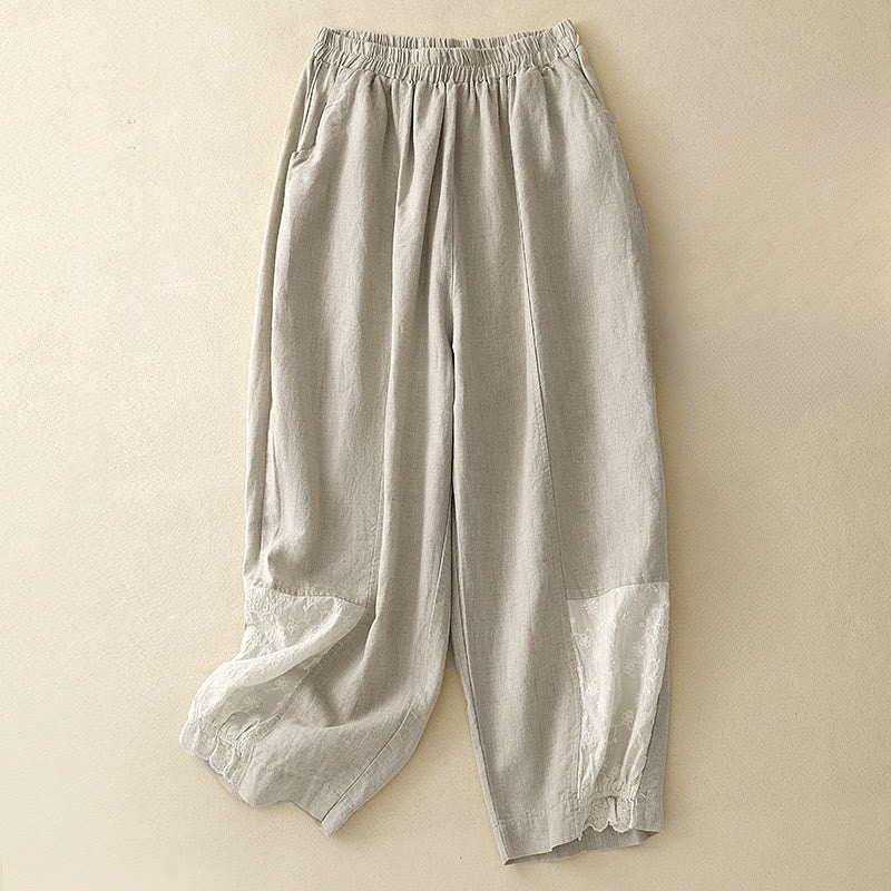 Buddha Stones Casual Embroidery Patchwork Fabric 7-8 Length Cropped Pants Women's Cotton Harem Pants With Pockets - Beige - US8-10，UK/AU12-14，EU40-42 (2XL) - image 5