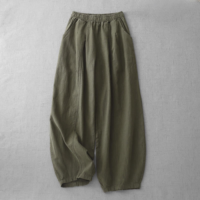 Buddha Stones Casual Plain 7-8 Length Women's Cotton Linen Harem Pants With Pockets - Olive - US8-10，UK/AU12-14，EU40-42 (2XL) - image 26