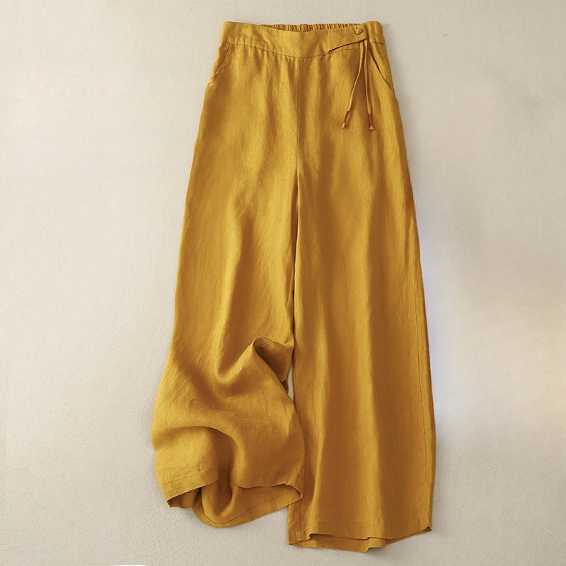 Buddha Stones Casual Plain High Waist Women's Cotton Linen Wide Leg Pants With Pockets - Goldenrod - US12，UK/AU16，EU44 (3XL) - image 0