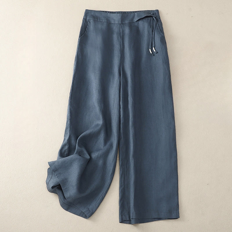 Buddha Stones Casual Plain High Waist Women's Cotton Linen Wide Leg Pants With Pockets - SteelBlue - US12，UK/AU16，EU44 (3XL) - image 20