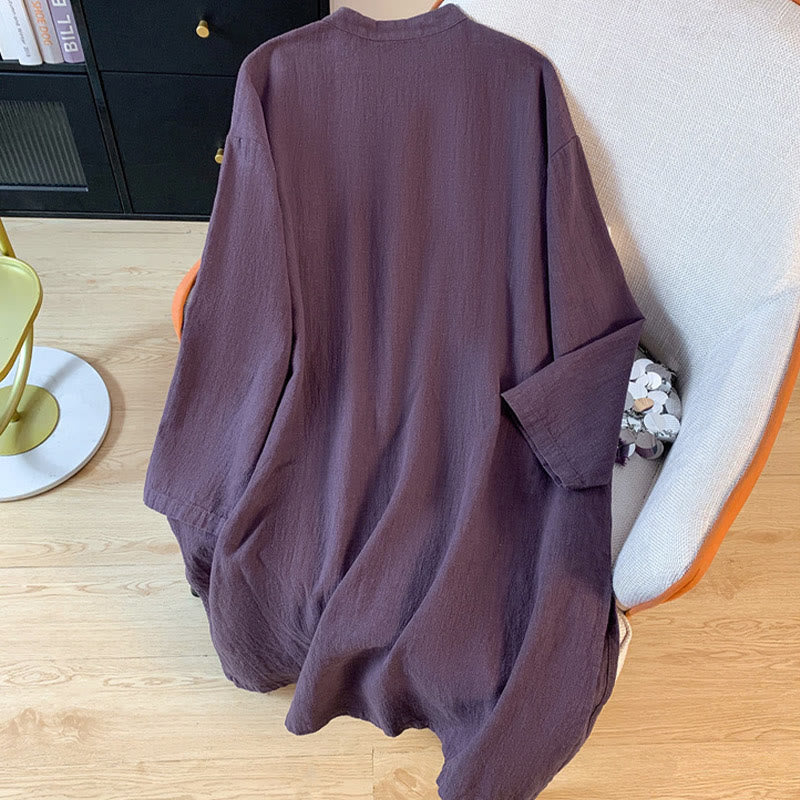 Buddha Stones Casual Women's Plain Frog-Button Stand Collar Design Long Sleeve Cotton Linen Shirt - image 2