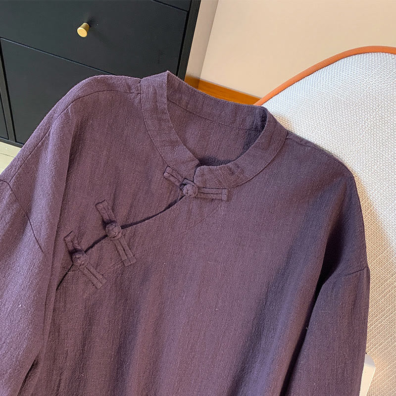 Buddha Stones Casual Women's Plain Frog-Button Stand Collar Design Long Sleeve Cotton Linen Shirt - image 3