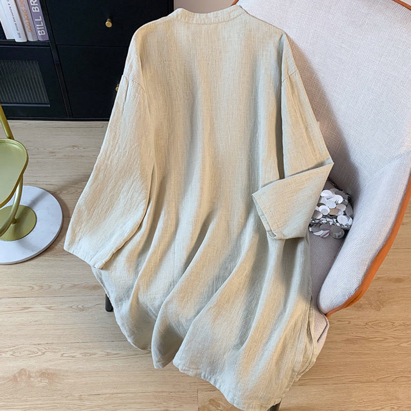 Buddha Stones Casual Women's Plain Frog-Button Stand Collar Design Long Sleeve Cotton Linen Shirt - image 12