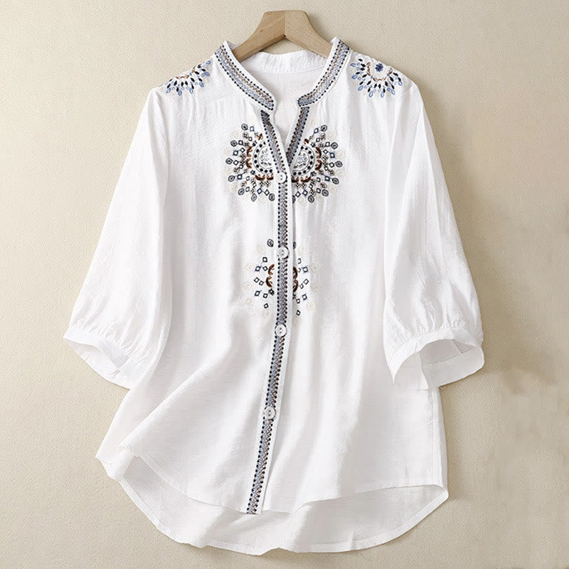 Buddha Stones Casual Women's Bohemia Embroidery Flowers V-Neck Design Half Sleeve Cotton Linen Shirt - White - US8-10，UK/AU12-14，EU40-42 (2XL) - image 0
