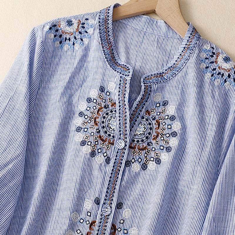 Buddha Stones Casual Women's Bohemia Embroidery Flowers V-Neck Design Half Sleeve Cotton Linen Shirt - image 7