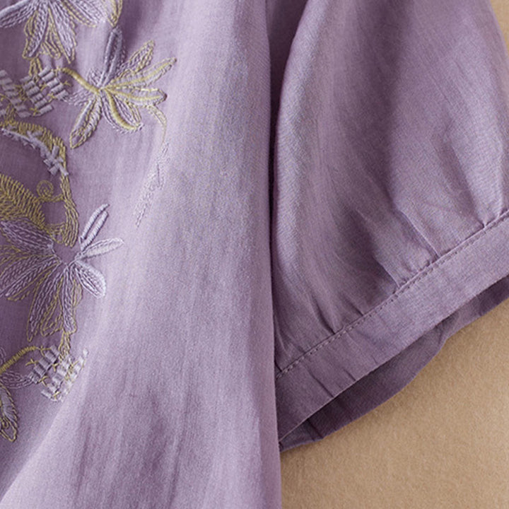 Buddha Stones Casual Embroidery Plants Women's V-Neck Design Half Sleeve Cotton Blended Shirt - image 4