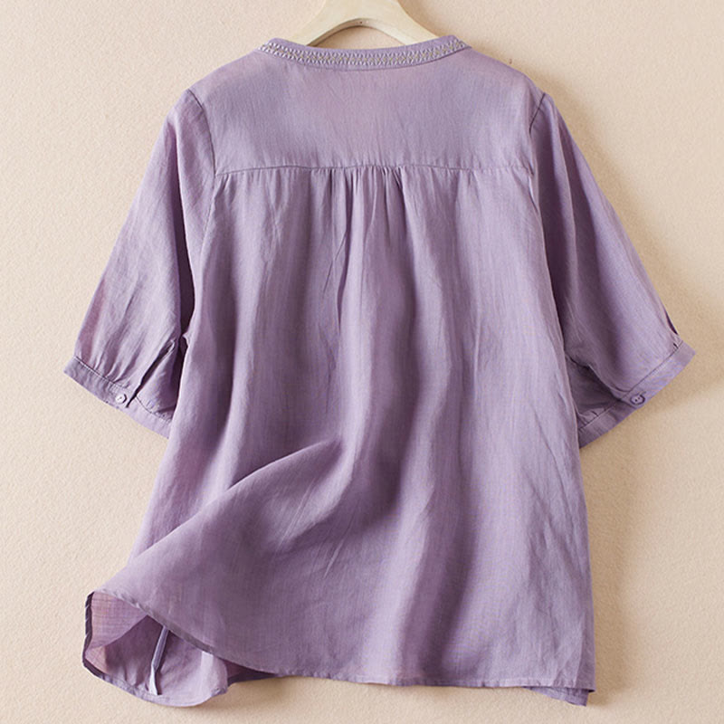 Buddha Stones Casual Embroidery Plants Women's V-Neck Design Half Sleeve Cotton Blended Shirt - image 1