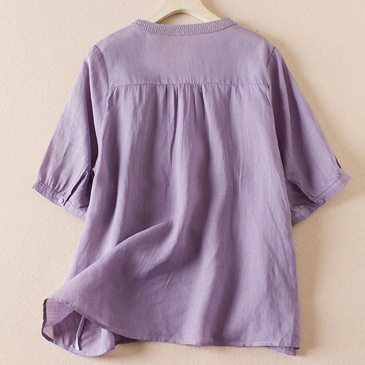 Buddha Stones Casual Embroidery Plants Women's V-Neck Design Half Sleeve Cotton Blended Shirt - image 1