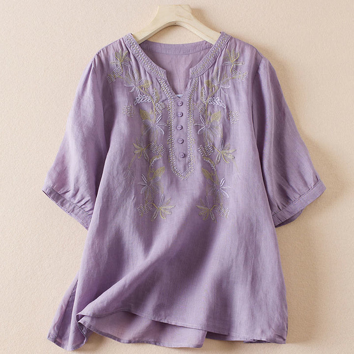 Buddha Stones Casual Embroidery Plants Women's V-Neck Design Half Sleeve Cotton Blended Shirt - Plum - US8-10，UK/AU12-14，EU40-42 (2XL) - image 0