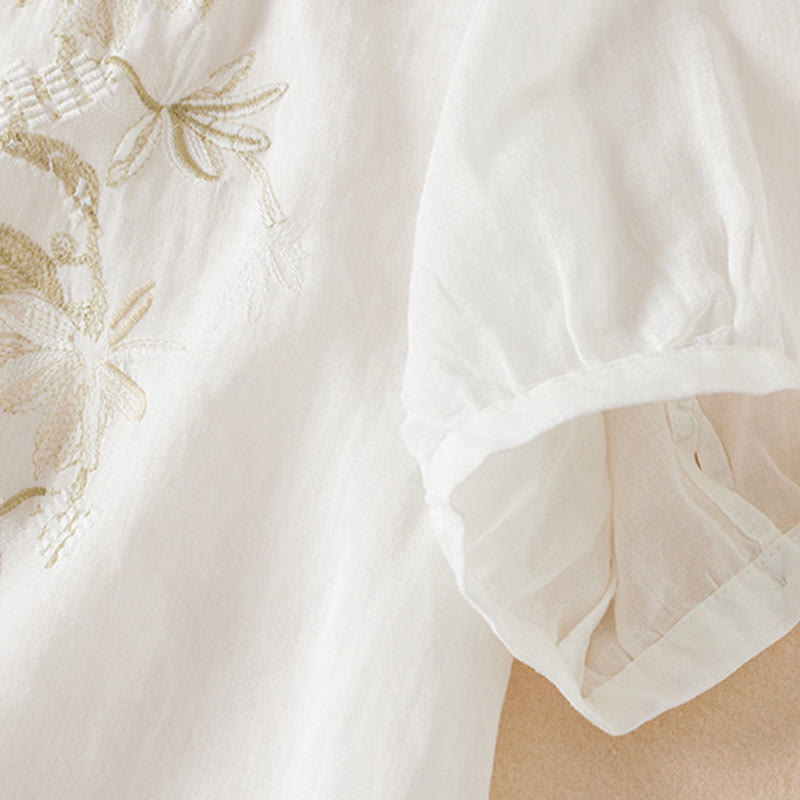 Buddha Stones Casual Embroidery Plants Women's V-Neck Design Half Sleeve Cotton Blended Shirt - image 13