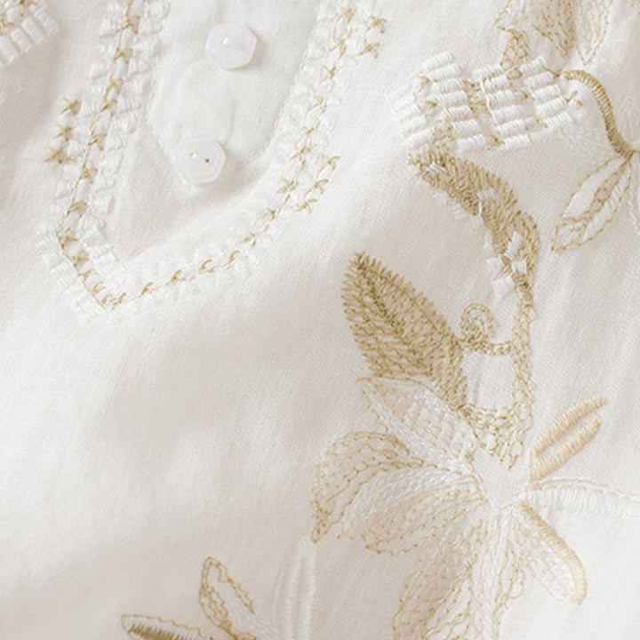 Buddha Stones Casual Embroidery Plants Women's V-Neck Design Half Sleeve Cotton Blended Shirt - image 11