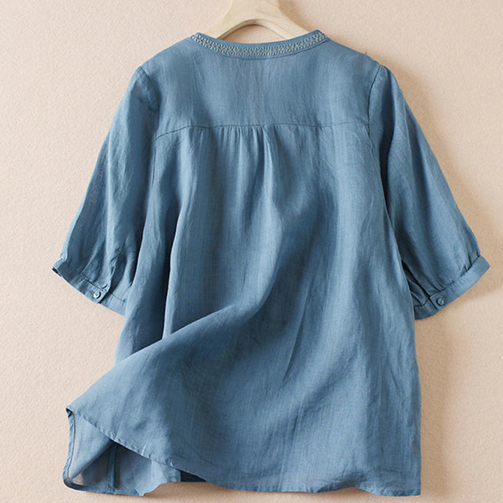 Buddha Stones Casual Embroidery Plants Women's V-Neck Design Half Sleeve Cotton Blended Shirt - image 16