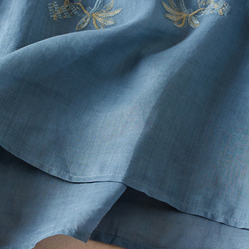 Buddha Stones Casual Embroidery Plants Women's V-Neck Design Half Sleeve Cotton Blended Shirt - image 18