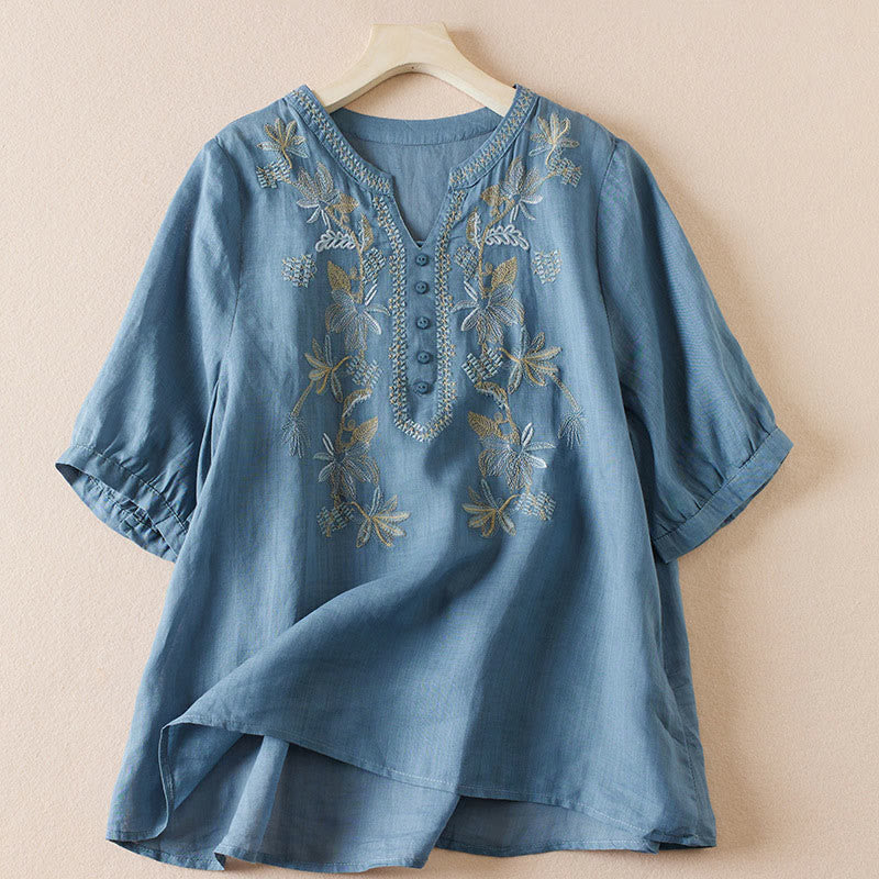 Buddha Stones Casual Embroidery Plants Women's V-Neck Design Half Sleeve Cotton Blended Shirt - SteelBlue - US8-10，UK/AU12-14，EU40-42 (2XL) - image 15