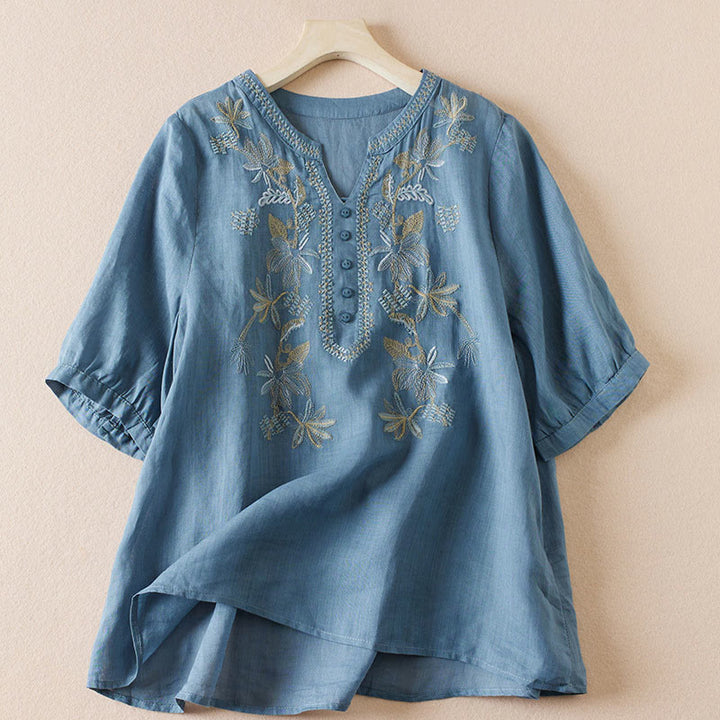Buddha Stones Casual Embroidery Plants Women's V-Neck Design Half Sleeve Cotton Blended Shirt - SteelBlue - US8-10，UK/AU12-14，EU40-42 (2XL) - image 15