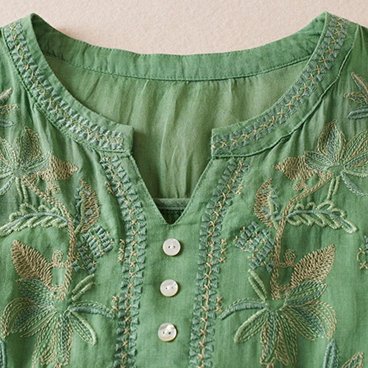 Buddha Stones Casual Embroidery Plants Women's V-Neck Design Half Sleeve Cotton Blended Shirt - image 24