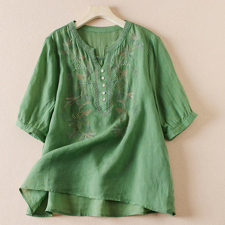 Buddha Stones Casual Embroidery Plants Women's V-Neck Design Half Sleeve Cotton Blended Shirt - MediumSeaGreen - US8-10，UK/AU12-14，EU40-42 (2XL) - image 22