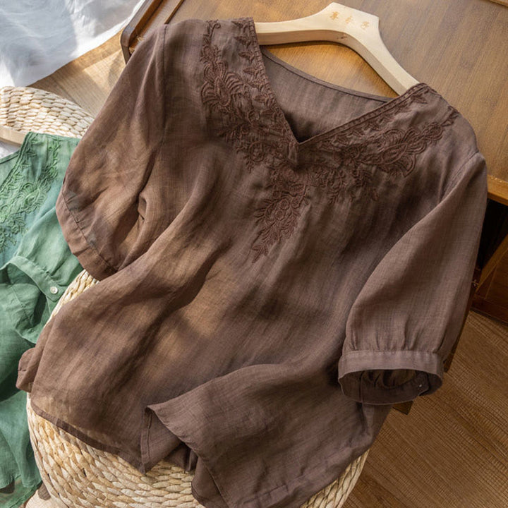 Buddha Stones Casual Embroidery Floral Women's V-Neck Design Half Sleeve Cotton Shirt - image 3