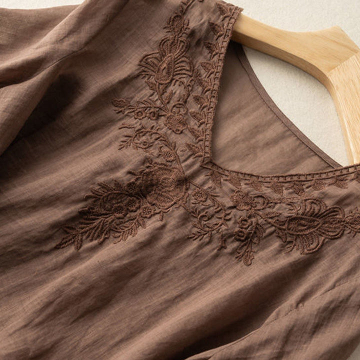 Buddha Stones Casual Embroidery Floral Women's V-Neck Design Half Sleeve Cotton Shirt - image 2