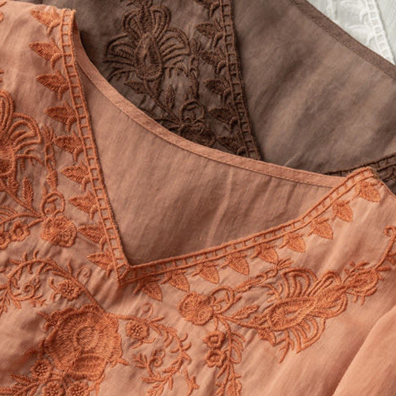 Buddha Stones Casual Embroidery Floral Women's V-Neck Design Half Sleeve Cotton Shirt - image 11