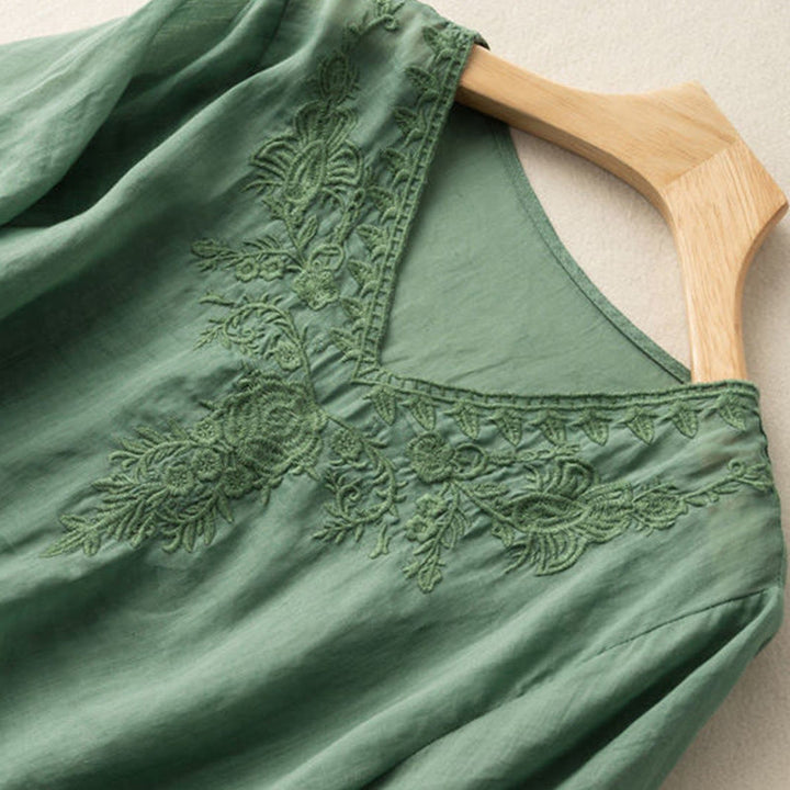 Buddha Stones Casual Embroidery Floral Women's V-Neck Design Half Sleeve Cotton Shirt - image 14