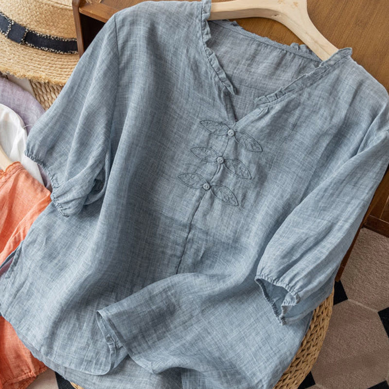 Buddha Stones Casual Embroidery Leaf Ungus Edge Wrinkle Women's V-neck Design Half Sleeve Cotton Shirt - image 1