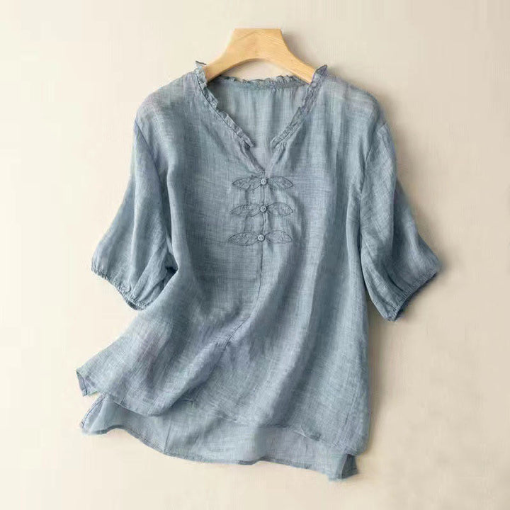 Buddha Stones Casual Embroidery Leaf Ungus Edge Wrinkle Women's V-neck Design Half Sleeve Cotton Shirt - LightSkyBlue - US12，UK/AU16，EU44 (3XL) - image 0