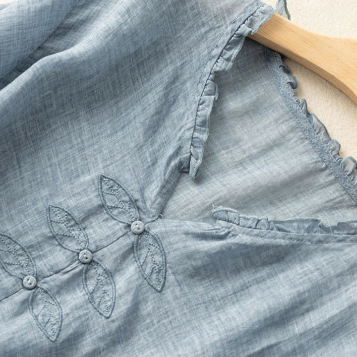 Buddha Stones Casual Embroidery Leaf Ungus Edge Wrinkle Women's V-neck Design Half Sleeve Cotton Shirt - image 4