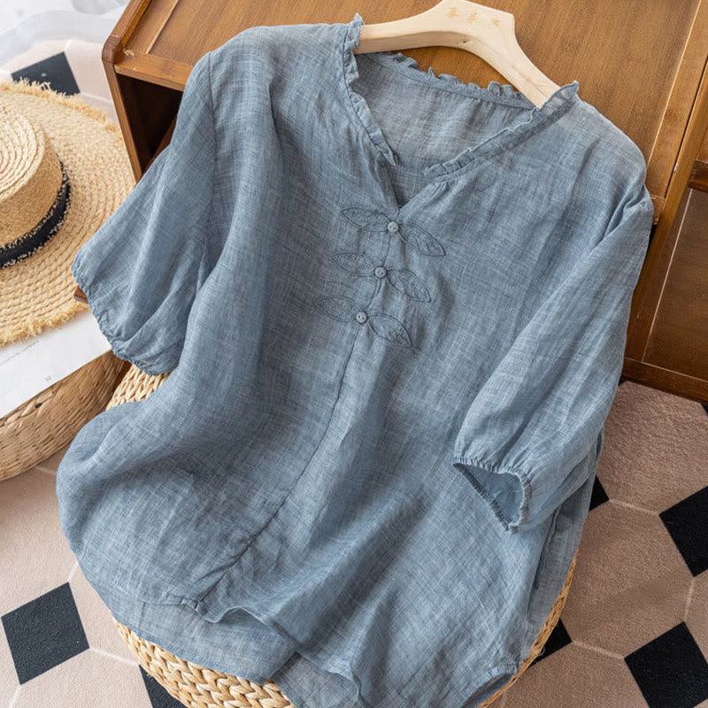 Buddha Stones Casual Embroidery Leaf Ungus Edge Wrinkle Women's V-neck Design Half Sleeve Cotton Shirt - image 2