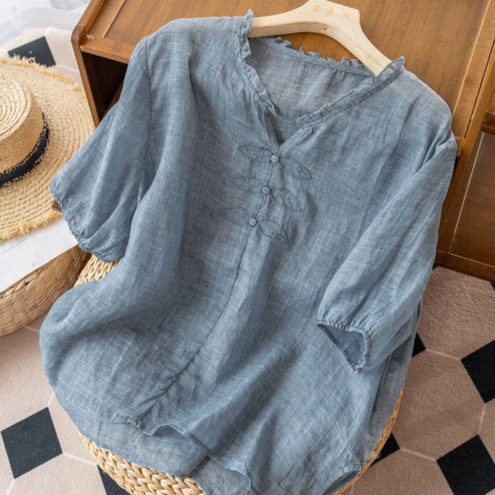 Buddha Stones Casual Embroidery Leaf Ungus Edge Wrinkle Women's V-neck Design Half Sleeve Cotton Shirt - image 2