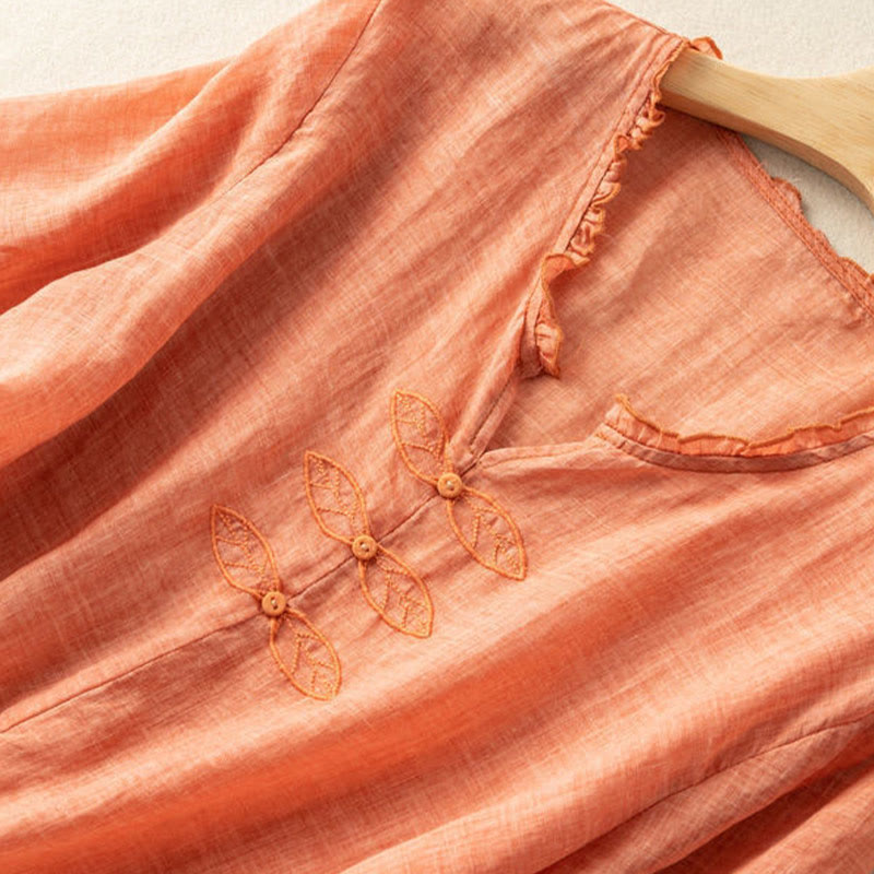 Buddha Stones Casual Embroidery Leaf Ungus Edge Wrinkle Women's V-neck Design Half Sleeve Cotton Shirt - image 9
