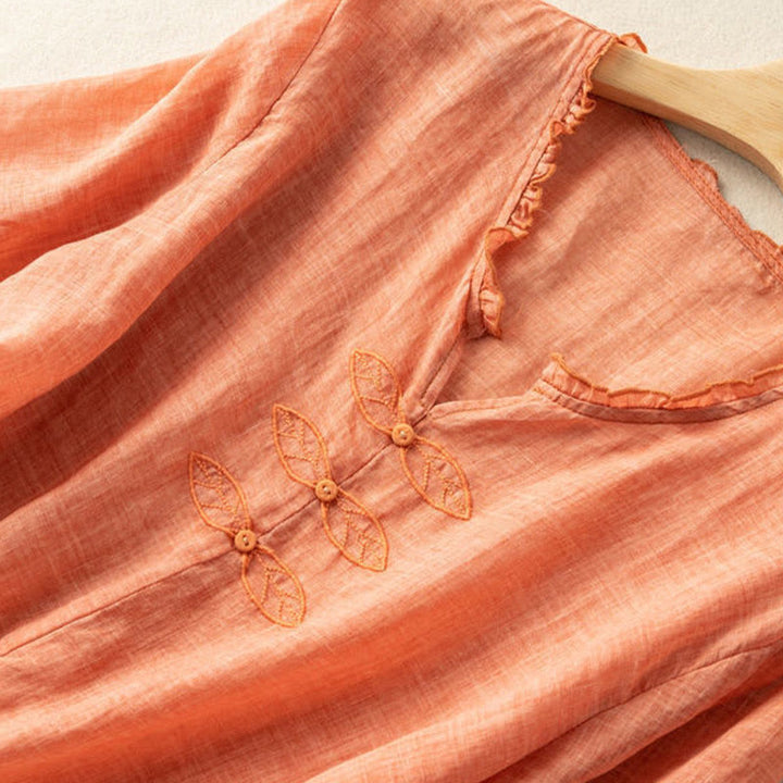 Buddha Stones Casual Embroidery Leaf Ungus Edge Wrinkle Women's V-neck Design Half Sleeve Cotton Shirt - image 9