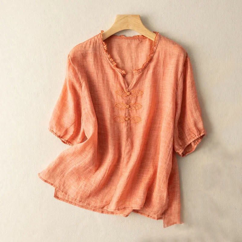 Buddha Stones Casual Embroidery Leaf Ungus Edge Wrinkle Women's V-neck Design Half Sleeve Cotton Shirt - LightSalmon - US12，UK/AU16，EU44 (3XL) - image 6