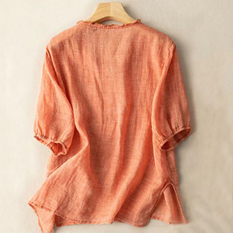Buddha Stones Casual Embroidery Leaf Ungus Edge Wrinkle Women's V-neck Design Half Sleeve Cotton Shirt - image 7