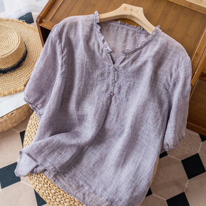 Buddha Stones Casual Embroidery Leaf Ungus Edge Wrinkle Women's V-neck Design Half Sleeve Cotton Shirt - image 12