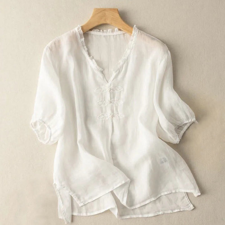 Buddha Stones Casual Embroidery Leaf Ungus Edge Wrinkle Women's V-neck Design Half Sleeve Cotton Shirt - Ivory - US12，UK/AU16，EU44 (3XL) - image 15