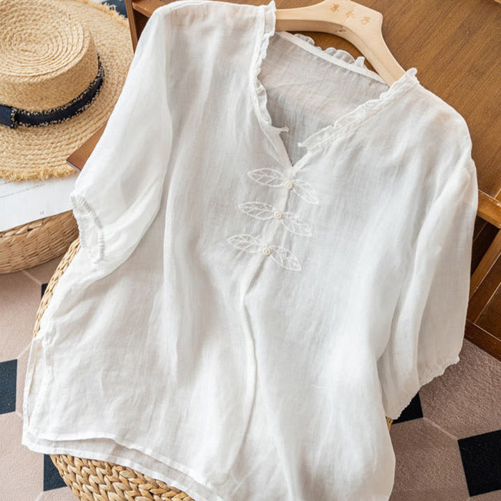 Buddha Stones Casual Embroidery Leaf Ungus Edge Wrinkle Women's V-neck Design Half Sleeve Cotton Shirt - image 16
