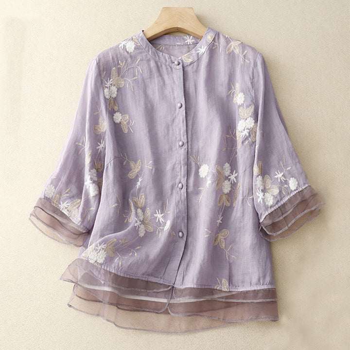 Buddha Stones Casual Embroidered Petals Spliced ​​Organza Women's Crew Neck Design Half Sleeve Cotton Cardigan Shirt - Plum - US8-10，UK/AU12-14，EU40-42 (2XL) - image 0