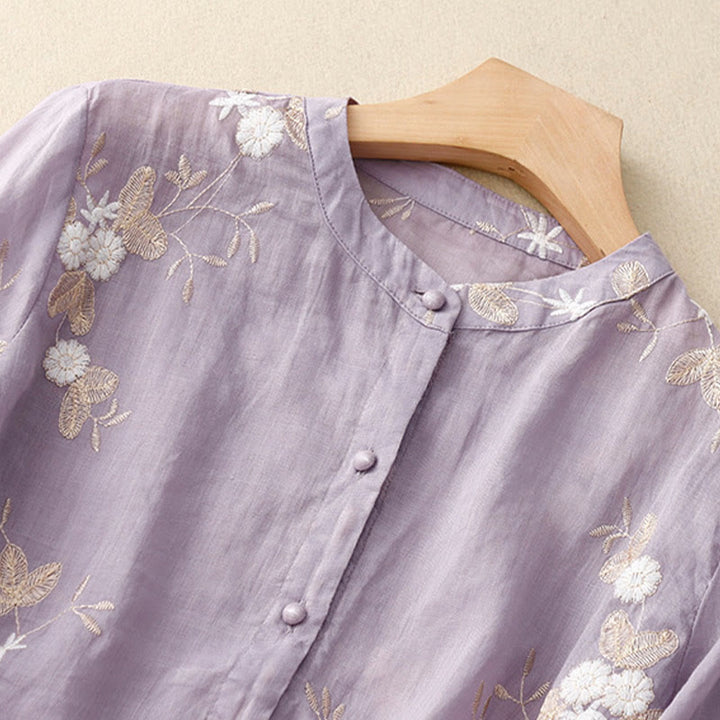 Buddha Stones Casual Embroidered Petals Spliced ​​Organza Women's Crew Neck Design Half Sleeve Cotton Cardigan Shirt - image 1