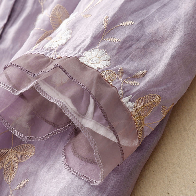 Buddha Stones Casual Embroidered Petals Spliced ​​Organza Women's Crew Neck Design Half Sleeve Cotton Cardigan Shirt - image 3