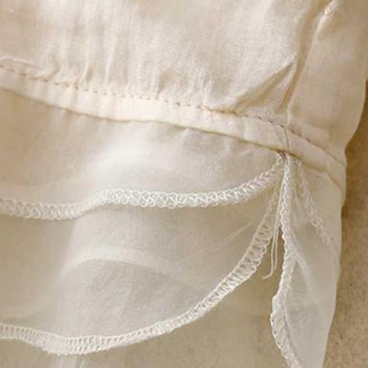 Buddha Stones Casual Embroidered Petals Spliced ​​Organza Women's Crew Neck Design Half Sleeve Cotton Cardigan Shirt - image 6