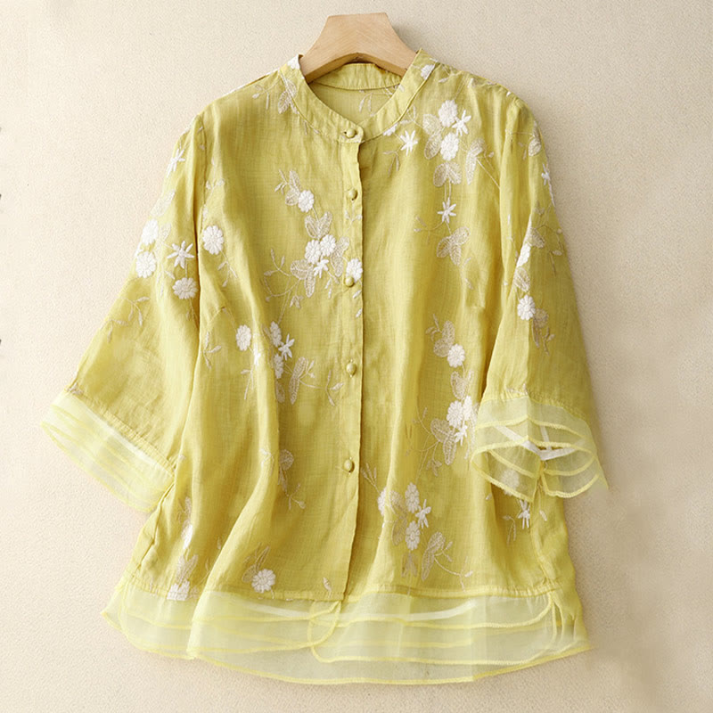 Buddha Stones Casual Embroidered Petals Spliced ​​Organza Women's Crew Neck Design Half Sleeve Cotton Cardigan Shirt - Khaki - US8-10，UK/AU12-14，EU40-42 (2XL) - image 8