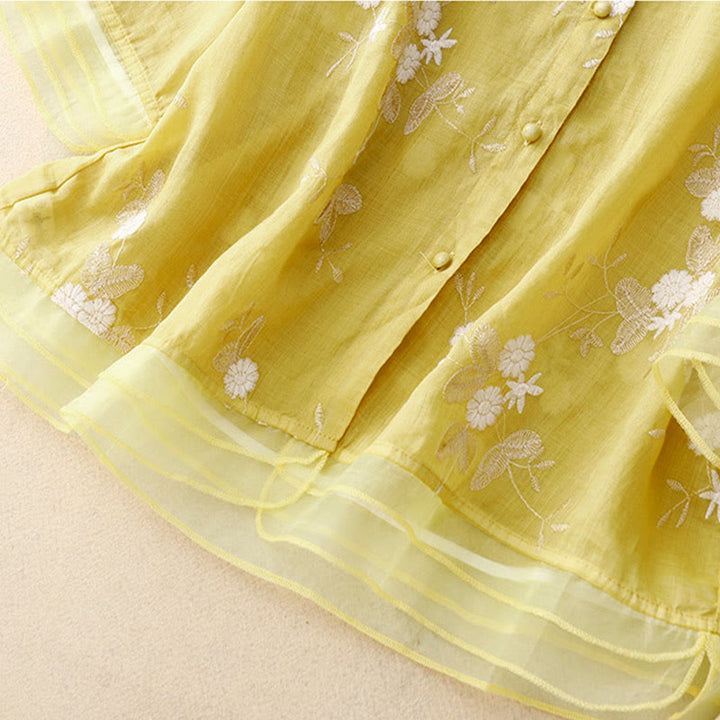 Buddha Stones Casual Embroidered Petals Spliced ​​Organza Women's Crew Neck Design Half Sleeve Cotton Cardigan Shirt - image 12