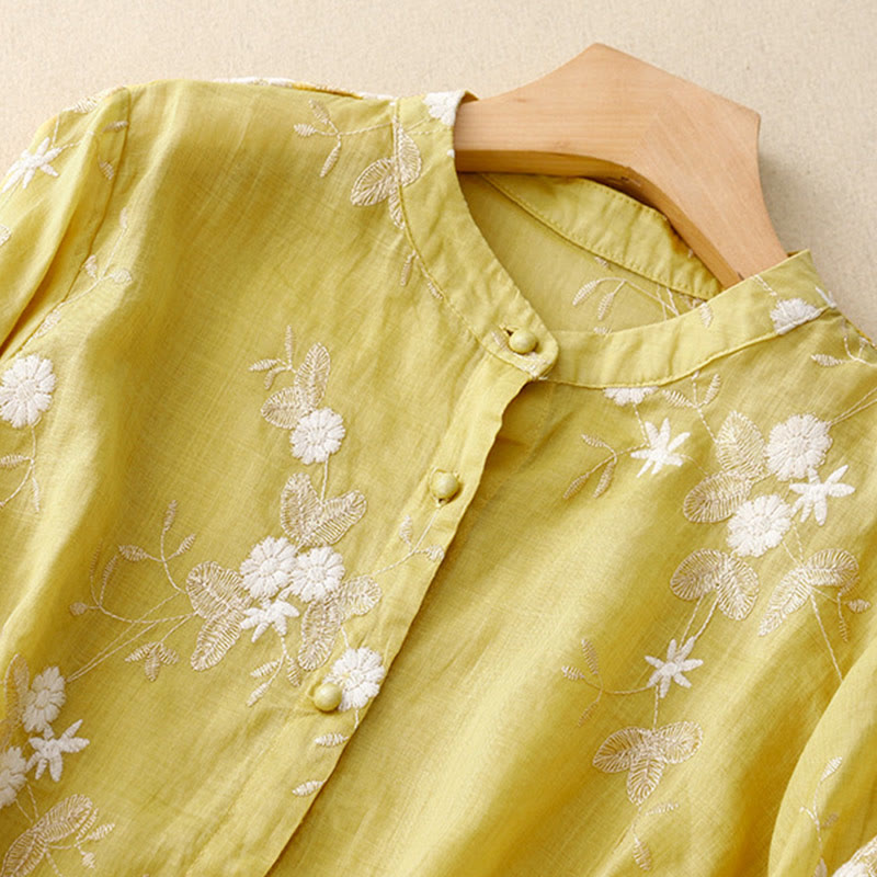 Buddha Stones Casual Embroidered Petals Spliced ​​Organza Women's Crew Neck Design Half Sleeve Cotton Cardigan Shirt - image 9