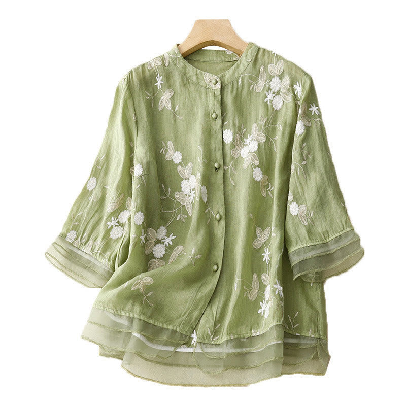 Buddha Stones Casual Embroidered Petals Spliced ​​Organza Women's Crew Neck Design Half Sleeve Cotton Cardigan Shirt - image 15